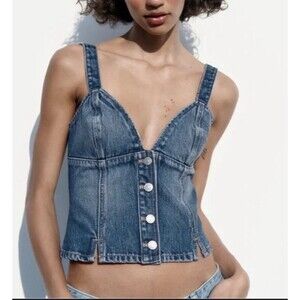 Women's Zara Blue Denim Vest Tank Top Smock Detail Women M